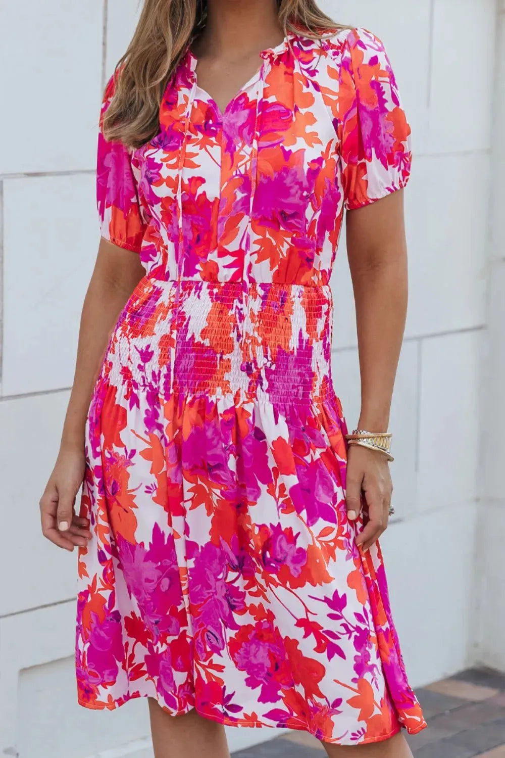 Smocked Printed Tie Neck Short Sleeve Dress Casual Dresses - Tophatter Daily Deals